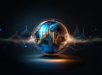 A luminous globe displays a golden bar chart, encircled by dynamic digital lines on a shadowy background, representing worldwide business and analytical data.