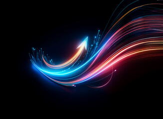 A dynamic glowing arrow, formed from vibrant blue and red light trails, points upwards on a dark background, suggesting motion and progress.