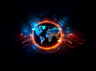 Fototapeta premium A vibrant world globe illuminated with bright neon lights is centered against a dark backdrop. Circular energy streams radiate outwards, creating a futuristic and dynamic global concept.