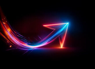 A vibrant neon arrow streaks upward against a dark backdrop, illuminated with blue and red hues.  Dynamic light trails follow, suggesting motion and progress.