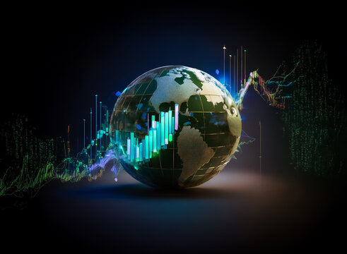 Vibrant digital financial charts overlay a world globe, illustrating global market trends and economic data against a dark background. - Powered by Adobe