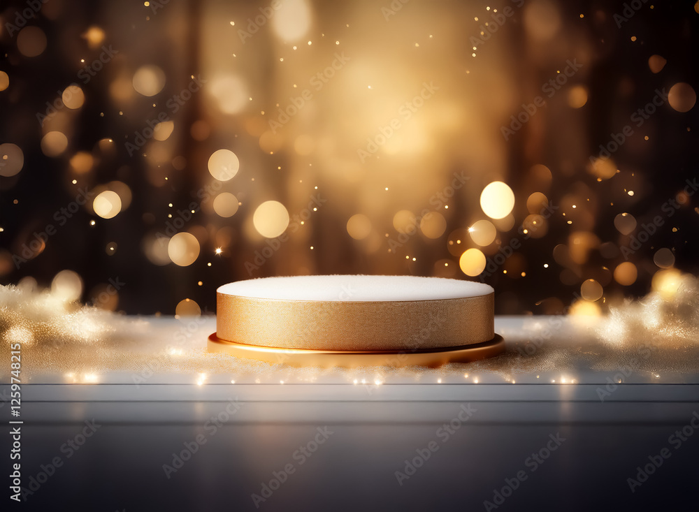 Poster golden podium on a wooden surface, illuminated by soft bokeh lights. elegant and festive atmosphere 