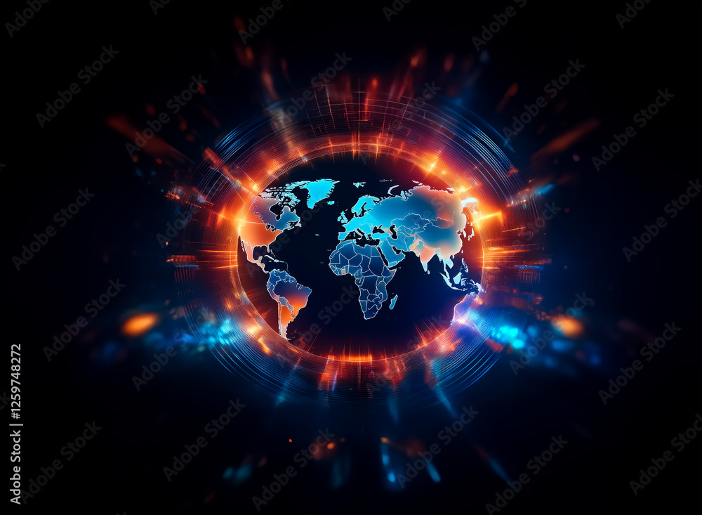 Poster a glowing world globe is centrally positioned, encircled by vibrant bursts of light and energy again