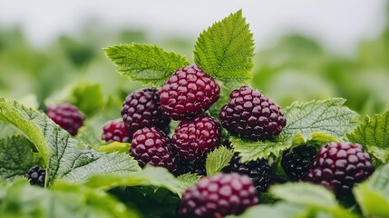 Ripe blackberries in a lush field, ready for harvest. Food packaging use