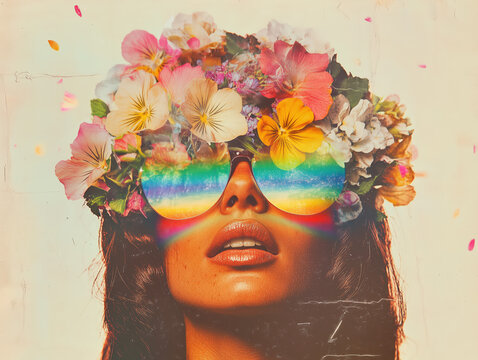 Beautiful Abstract vintage portrait of a woman wearing sunglasses with rainbow retro surreal flowers collage, concept nature background landscape