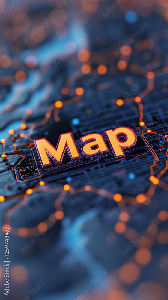 Poster map in sharp focus, illuminated with vibrant colors and intricate details