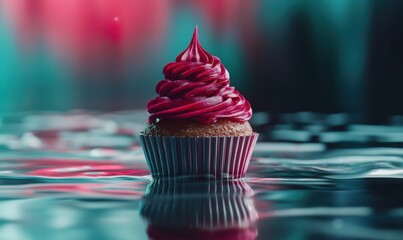 Pink frosted cupcake on reflective surface, colorful background, dessert photography, food blog