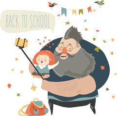 Obraz premium Little girl making selfie with her father. Back to school. Vector illustration