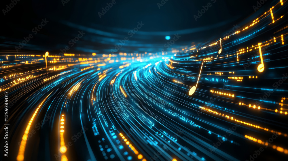 Poster vibrant and dynamic abstract design featuring flowing lines of blue and orange light, resembling mus