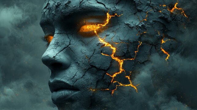 Stone face, lava eyes, dark clouds, fantasy art, concept