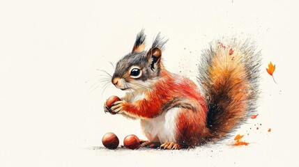 A vibrant red squirrel holding chestnuts amidst autumn leaves in a picturesque forest setting