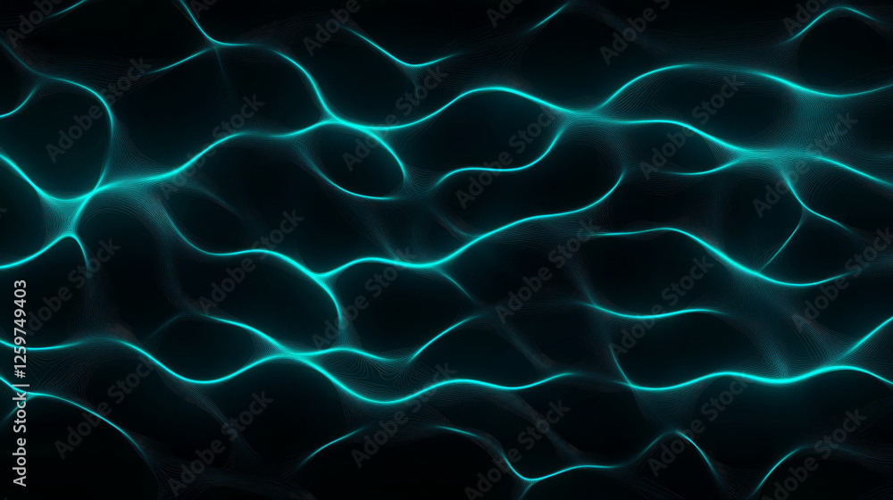 Poster vibrant futuristic abstract pattern with neon green waves flowing across dark background, creating m