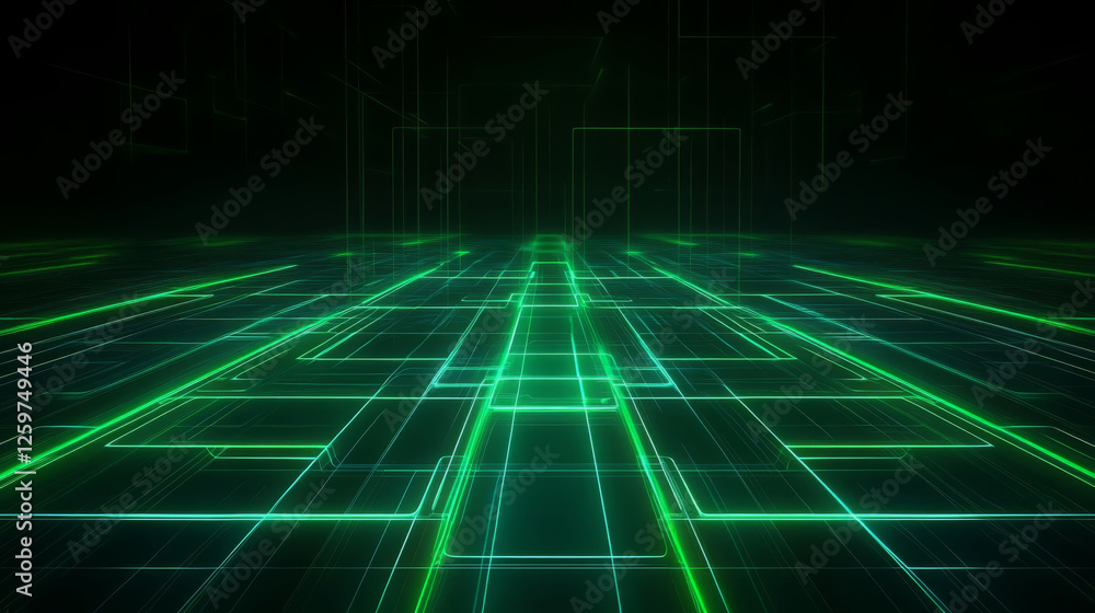 Poster abstract digital artwork featuring glowing green lines and geometric shapes, creating futuristic and