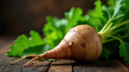 Single fresh root vegetable on rustic wood surface with lush green foliage