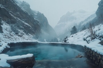 Snowy mountain hot spring pool, perfect for travel, winter, and relaxation themes. Ideal for showcasing serenity, escape, and the beauty of nature in winter.