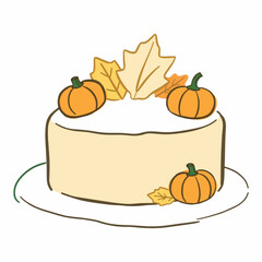 Illustration of a Thanksgiving Cake with Autumn Leaves and Pumpkins, Ideal for Cozy and Seasonal Graphics