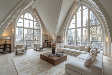 Fototapeta premium Elegant parisian loft with high vaulted ceilings paris interior design urban living wide-angle view modern aesthetics