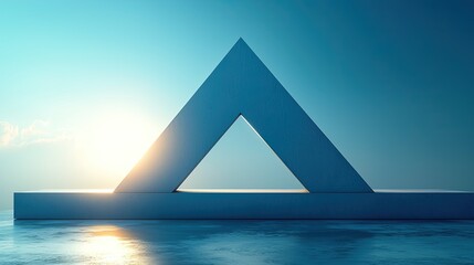 Abstract geometric structure with triangular shape against serene sunset over water, evoking tranquility