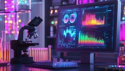 Futuristic lab, microscope, computer data, vibrant displays