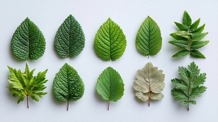 A vibrant collection of various green leaves arranged in a neat row on a white background