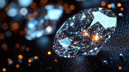Close-up of sparkling diamonds on a dark surface with glimmering lights in the background