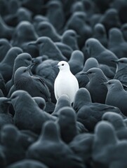 Standing out from the crowd , white bird standing between many gray birds - ai