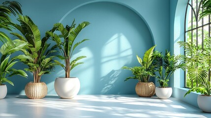 Bright indoor setting featuring lush potted plants against a vibrant blue wall with sunlight