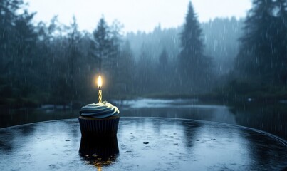 Rainy forest lake cupcake birthday candle