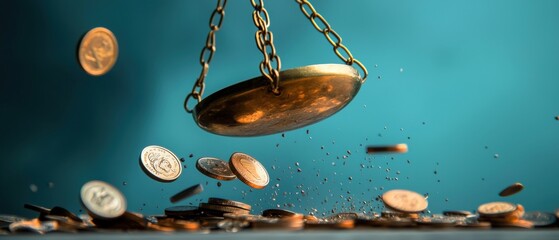 A gold balance scale with coins falling from it.