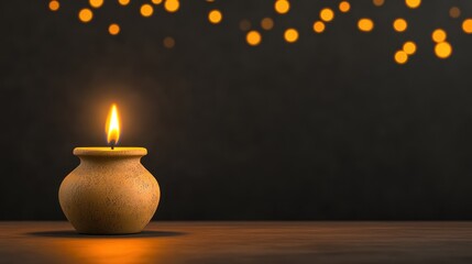 Festive Pongal Display: Clay Pot and Candle on Wooden Surface with Bokeh Background
