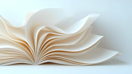 Open book pages, wave effect, white background, knowledge concept, education