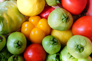 Colorful fresh vegetables and fruits as a background. Top view.