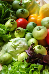 Variety of fresh vegetables in a wooden box. Selective focus.