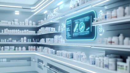 Futuristic pharmacy interior with digital display