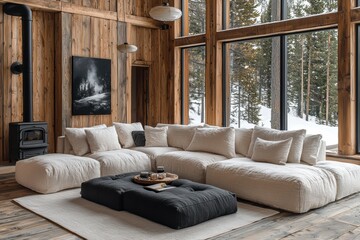 Fototapeta premium Cozy scandinavian-inspired cabin living room mountain retreat interior design rustic charm wide-angle tranquil escape