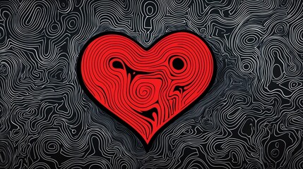 A vibrant red heart design with intricate swirling patterns, set against a contrasting dark background, symbolizing love and emotion.