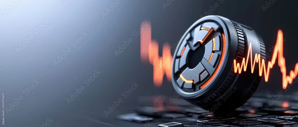 Poster a futuristic-looking metallic object with glowing orange lines and a black base.