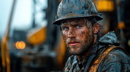 Mud-splattered worker, oil rig, serious face, rain, construction