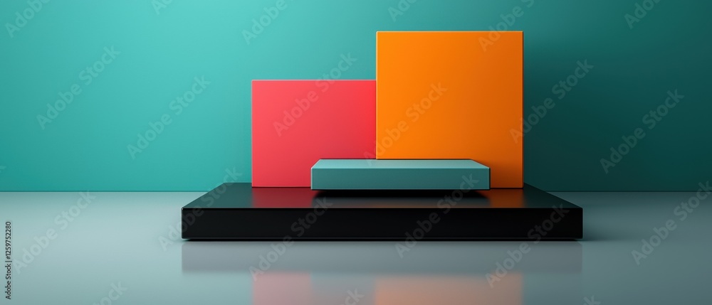 Poster a 3d rendering of a stage with a black platform and colorful blocks.