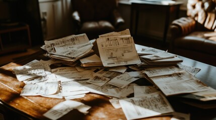 A living room covered in random documents, receipts, and expired subscription magazines.