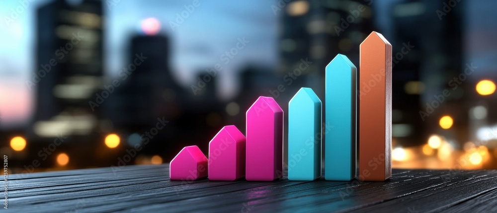 Poster a 3d rendering of a bar graph with a city skyline in the background.