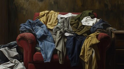 A messy chair with jeans, shirts, and jackets layered on top.