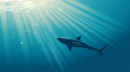 Obraz premium Vector illustration of a shark silhouette swimming in the deep blue ocean under sun rays