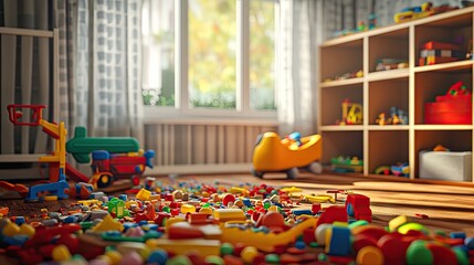 A messy children's playroom with toys covering the floor.
