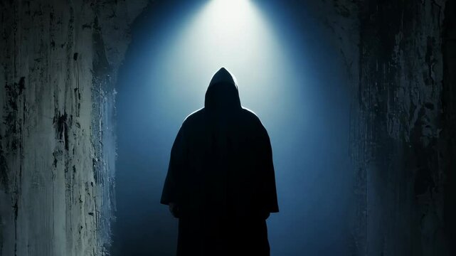 Mysterious hooded figure under spotlight in dark alleyway