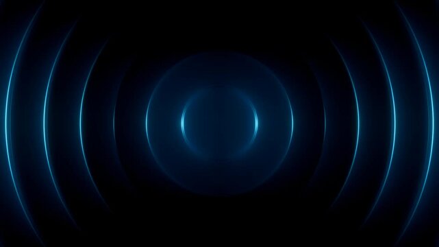 abstract futuristic background animation of dark 3d rings wave motion with glowing blue lights, 4k seamless corporate background loop 