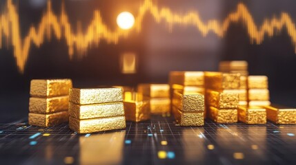 Close-up of gold bars stacked on a stock market graph, symbolizing wealth and investment in precious metals.