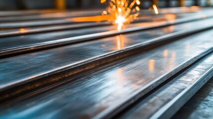 Fototapeta premium Close-up view of metal sheets with sparks flying, highlighting the precision of welding in an industrial workshop environment.