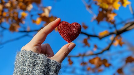 A hand holds a textured red heart against a backdrop of autumn leaves and a clear blue sky, symbolizing love and appreciation.