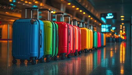 Colorful luggage row at airport terminal